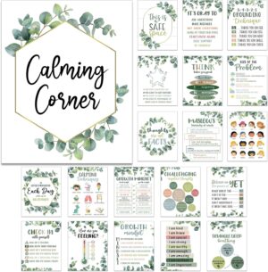 Harloon 20 Pcs Calming Corner Classroom Posters Mental Health Posters Therapy Office Feelings Chart Home Preschool Classroom Decorations for Teachers Elementary Educational Posters for Kids(Greenery)