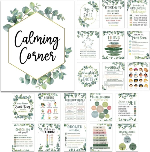 Harloon 20 Pcs Calming Corner Classroom Posters Mental Health Posters Therapy Office Feelings Chart Home Preschool Classroom Decorations for Teachers Elementary Educational Posters for Kids(Greenery)