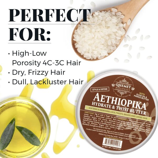 Qhemet Biologics Aethiopika Hydrate & Twist Butter - Frizz-Free Styling Butter Adds Flexible Definition to High & Low Porosity Hair - Smooth Edges, Soften & Flatten Locs, Twists & Braids (4.7 oz)