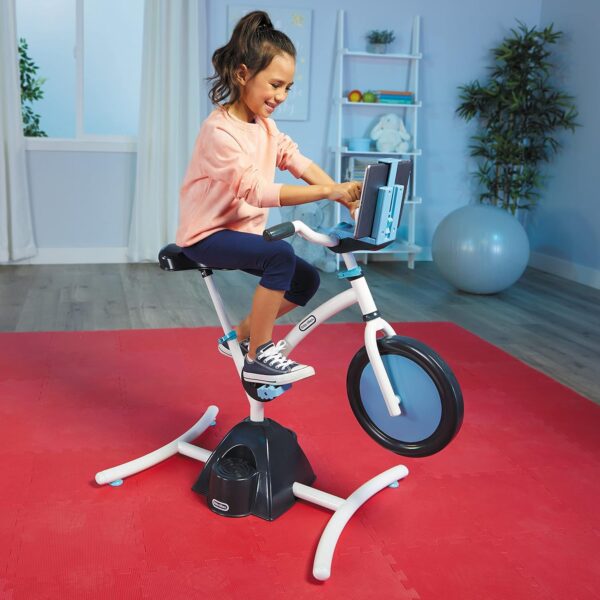 818Ca6WKXmS._AC_SL1500_.jpg Little Tikes Pelican Explore & Fit Cycle Adjustable Play Fitness Exercise Equipment Stationary Bike with Videos and Built-in Bluetooth Speaker, For Kids Ages 3-7 Years, WHITE, BLUE