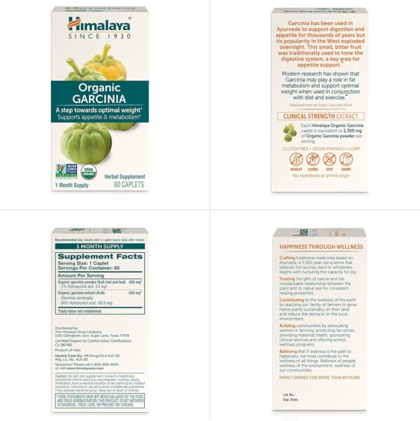 Himalaya Organic Garcinia Cambogia Herbal Supplement, Appetite Control, Lipid Metabolism, Weight Support, USDA Organic, Non-GMO, Vegan, 600 mg, 60 Plant-Based Caplets, 2 Pack