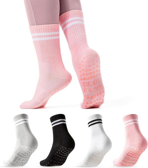 COOLMATE Pilates Socks with Grips for Women, Yoga Socks, Crew Non Slip Socks Women for Workout, Barre, Pilates Gifts(4 Pairs)