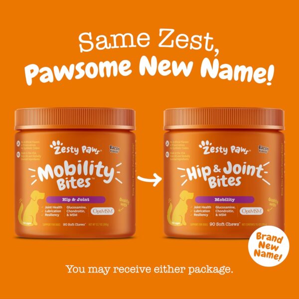 Zesty Paws Hip and Joint Supplement for Dogs - Glucosamine with Chondroitin, MSM, Vitamins C and E Dog Joint Relief - Mobility Bites Bacon – 90 Count