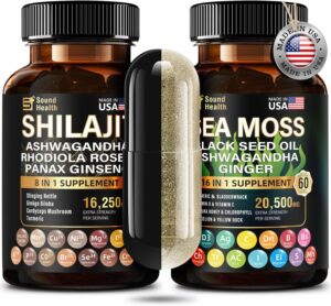 Wild Organic Irish Sea Moss and Shilajit - 8000mg Sea Moss, 10000mg Shilajit, Ashwagandha 2000mg, Ginseng, Vitamin C, Vitamin D3, Black Seed Oil - 2 Bottles of 60 Capsules