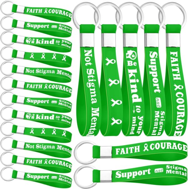 100 Pcs Mental Health Awareness Silicone Keychain Gifts Green Awareness Ribbon Green Mental Faith Courage Hope Keychain for Adult Man Woman Gift
