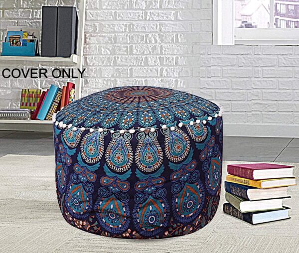 Indian Mandala Round Ottoman Pouf Cover Bohemian Floor Pillow Hippie Cotton Meditation Cushion Cover Seating Throw Decorative Footstool Kids Bean Bag Case
