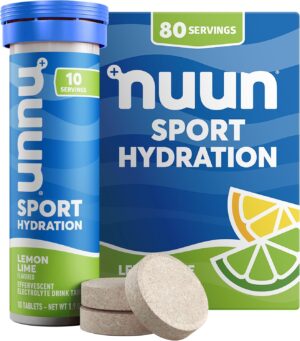 Nuun Sport Electrolyte Tablets - Dissolvable in Water, Lemon Lime, 5 Essential Electrolytes for Hydration, 1g Sugar Drink Mix, Vegan, Non-GMO, 8 Pack (80 Total Servings)