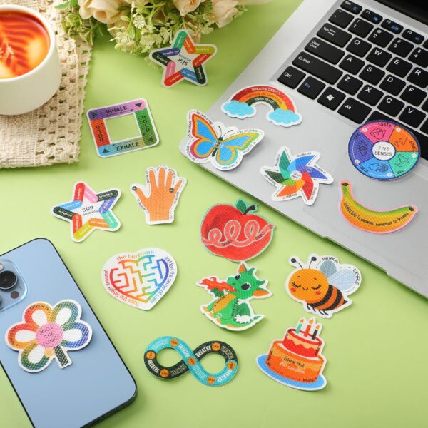 144 Pcs Calm Anxiety Sensory Stickers Textured Sensory Strips Stickers Mindfulness Relief Mental Health for Kids Rainbow Apple Animals Anxiety Relief for Teens Adults Office School Desk Supply