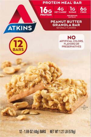 Atkins Peanut Butter Granola Protein Meal Bar, High Fiber, 16g Protein, 1g Sugar, 4g Net Carb, Meal Replacement, Keto Friendly, 12 Count