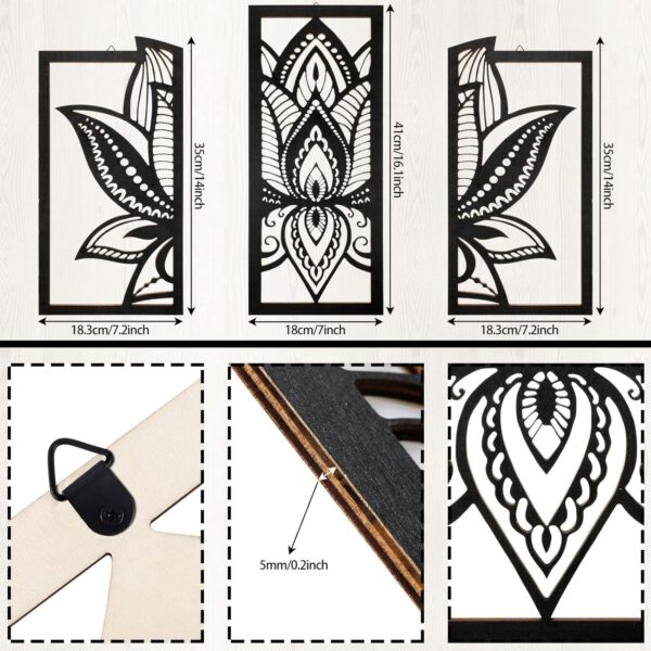 3 Pieces Lotus Flower Wall Art Mandala Carved Wooden Wall Hanging Home Decoration, Wood Art, Meditation/ Spiritual Decor (Black)