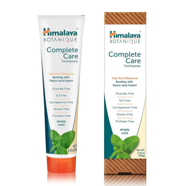 Himalaya Botanique Complete Care Toothpaste, Herbal, Mint Flavor, Fights Plaque, Freshens Breath, Fluoride Free, No Artificial Flavors, SLS Free, Cruelty Free, Foaming, 5.29 Oz, 4 Pack