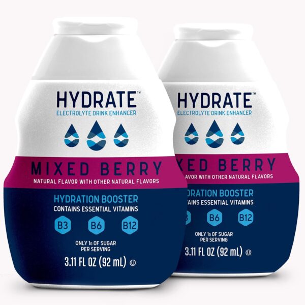 Hydrate Electrolyte Liquid Drink Enhancer Drops, Low Sugar, Low Calorie, Natural Flavor Hydration Mix with Essential Vitamins B3 B6 B12 (Mixed Berry (2 Pack))