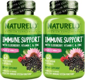 NATURELO Immune Support – Vitamin C, Elderberry, Zinc, Echinacea – Natural Immunity Boost w/Antioxidant, Herbal & Mineral Defense - 60 Vegan Capsules (Pack of 2)