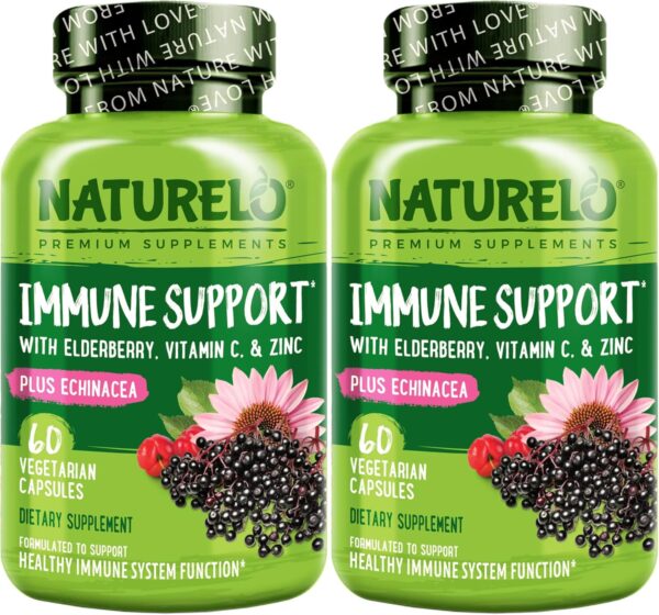 NATURELO Immune Support – Vitamin C, Elderberry, Zinc, Echinacea – Natural Immunity Boost w/Antioxidant, Herbal & Mineral Defense - 60 Vegan Capsules (Pack of 2)
