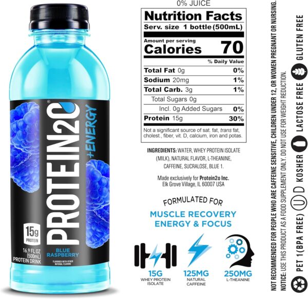 Protein2o 15g Whey Protein Infused Water Plus Energy, Blueberry Raspberry, 16.9 oz Bottle (Pack of 12)