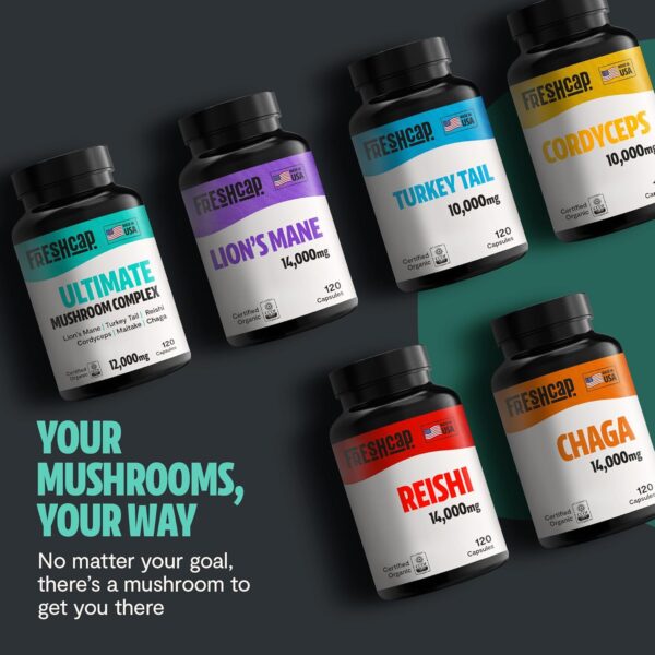 FreshCap Ultimate Mushroom Supplement 12,000mg - Mushroom Complex Capsules, Organic Mushrooms Supplement, Mushroom Extract, Ayurveda Mushroom Blend Nootropic (120 Capsules)