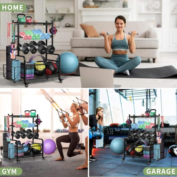 Weight Rack for Dumbbells, Dumbbell Rack Home Gym Storage Stand for Yoga Mat Kettlebells and Strength Training Fitness Equipment, Weight Holder Rack for Dumbbells with Wheels