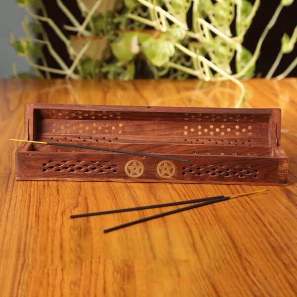 raajsee Beautiful Handmade Wooden Brown Incense Stick Holder Burner Storage Coffin Box - Ash Catcher with Brass Inlay -Home Utilities & Accessories -Meditation -Great Gift for Any Occasion 12x2 inch