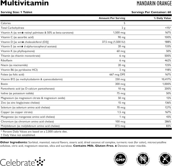 Celebrate Vitamins Bariatric Multivitamin Chewable, Iron Free - Post Gastric Bypass & Sleeve Gastrectomy Supplement for Men & Women - Essential Minerals & Vitamin A, B, D & E - Orange (60 Tablets)