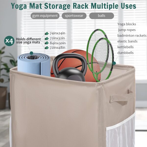 Yoga Mat Storage Racks, Home Gym Storage Rack with Wheels, Yoga Mat Holder Side 2 Mesh Pockets, Yoga Storage Basket Holds 4 Yoga Mats, 2 Foam Rollers, 6 Resistance Bands