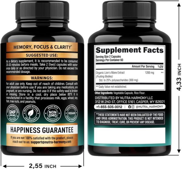 Lions Mane Supplement Capsules - Organic Lions Mane - Made in USA - Fruiting Bodies Extract - 1200 mg, 25% Polysaccharides - Memory & Focus Support - As Lions Powder - 120 Capsules, 2 Month Supply