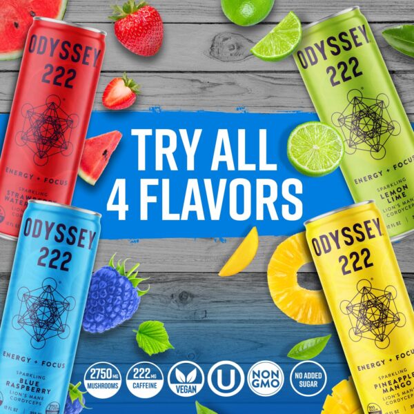 Odyssey 222 Energy Drink, Pre Workout, 222mg Caffeine, Clean Energy Drinks, L Theanine, Lions Mane, Cordyceps & Green Tea for Energy, Focus & Mood Boost, Low Calorie, Blue Raspberry, 12 Fl oz, 12 Pack