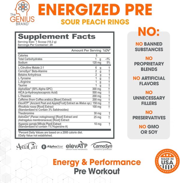 Genius Energized Pre Workout Powder, Sour Peach Rings - Caffeine Infused Pre-Workout Booster Supplement with Beta Alanine & Alpha GPC - No Artificial Sweetener or Dyes – 200mg Caffeine