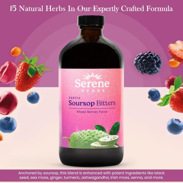 Serene Herbs Soursop Bitters Liquid Mixed Berry with Soursop Leaves for Gut Cleanse, Detox & Immune Boost with Black Seed, Moringa, Irish Moss, Ashwaganda, Turmeric, 16 fl oz | 32 Servings