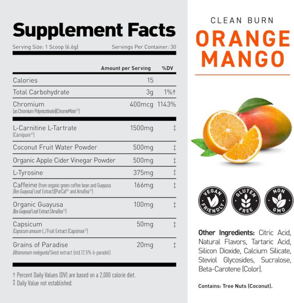 Kaged Thermogenic Powder | Clean Burn | Orange Mango | Men & Women | Weight Management Supplement | Organic Caffeine | Apple Cider Vinegar | 30 Servings