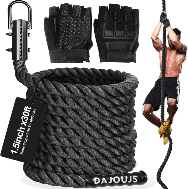 Climbing Rope 1.5 Inch Diameter 10/15 / 20/30 Feet Length Gym Climbing Rope for Workout Fitness & Strength Training, Gym Rope, Exercise Climbing Rope in Black for Adults Outdoor & Indoor