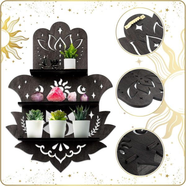 Hamsa Wall Decor Lotus Crystal Shelf Display for Evil Eye Decor Large 17'' Hamsa Hand Boho Wooden Hanging Crystal Holder Shelf Decor Aesthetic Zen Meditation Spiritual Gift Witch Yoga Decor (Black)