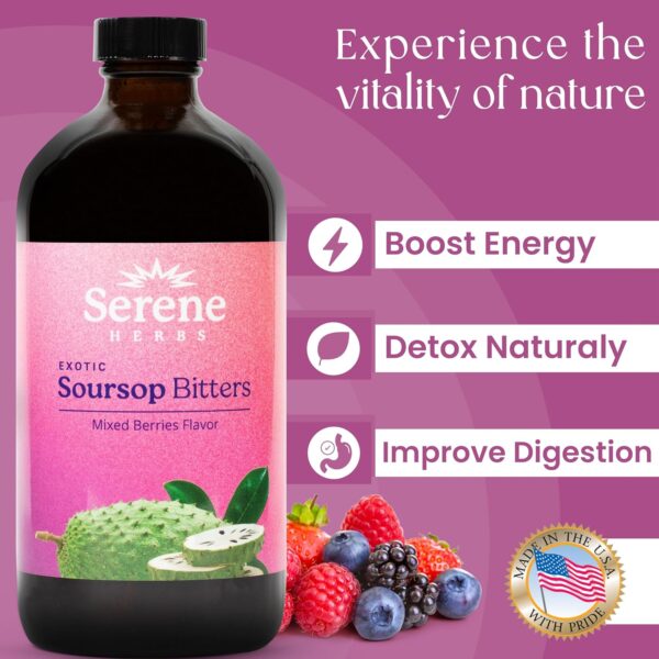 Serene Herbs Soursop Bitters Liquid Mixed Berry with Soursop Leaves for Gut Cleanse, Detox & Immune Boost with Black Seed, Moringa, Irish Moss, Ashwaganda, Turmeric, 16 fl oz | 32 Servings