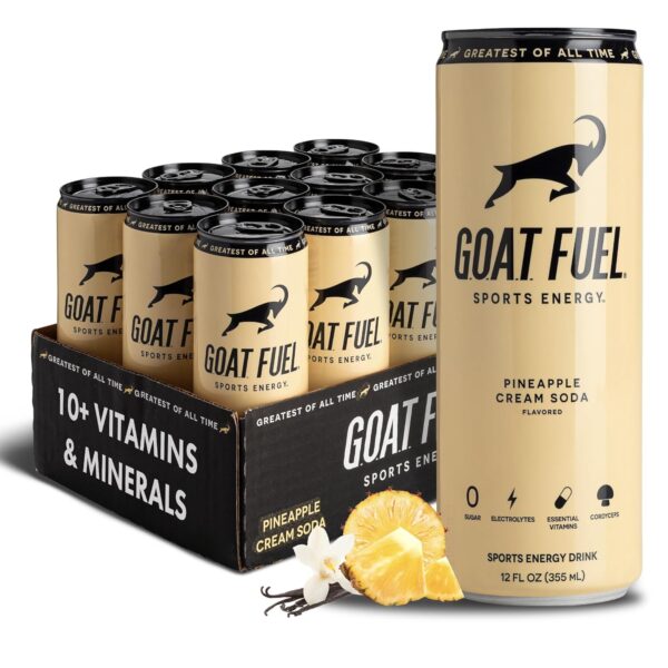 81BGxA68aML._SL1500_.jpg G.O.A.T. Fuel Energy Drink, Natural Caffeine, Electrolytes, BCAAs, Cordyceps Mushrooms & Antioxidants, Lightly Carbonated Pre Workout & Sports Energy Drink, 12-Pack, 12 fl oz, Pineapple Cream Soda