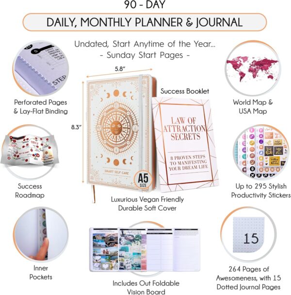 Gratitude Journal for Women & Men - 5 Minute Self Care Journal | 90-Day Undated Daily Planner for Positivity, Affirmations & Manifestation | Guided Mindfulness, Reflection | Vision Board + Stickers