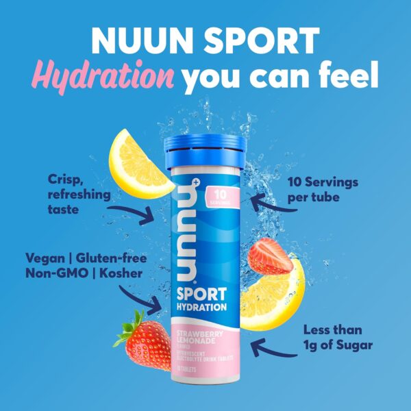 Nuun Sport Electrolyte Tablets - Dissolvable in Water, Strawberry Lemonade, 5 Essential Electrolytes for Hydration, 1g Sugar Drink Mix, Vegan, Non GMO, 4 Pack (40 Total Servings)
