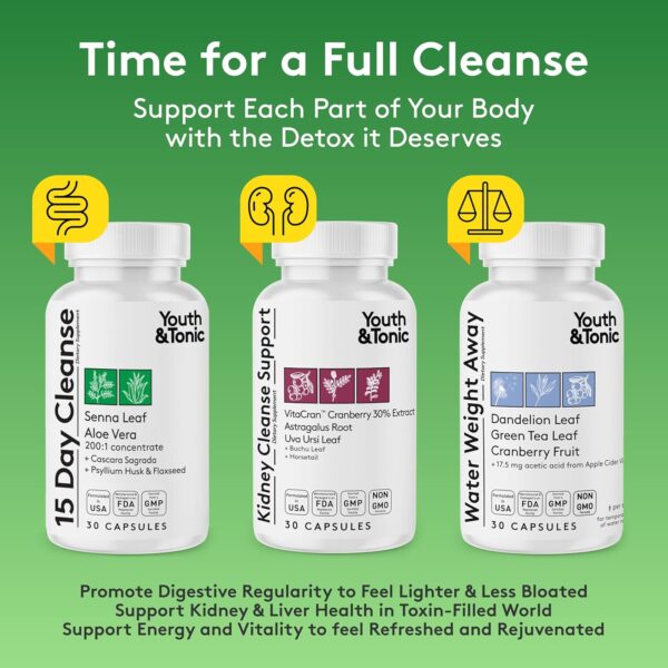 Youth & Tonic Diuretic Full Body Cleanse Detox Pills for Bloating, Puffiness and Swelling, System Flush for Colon, Kidney and Liver Detoxing, 30 Day Supply with Green Tea, Senna, Dandelion, Cranberry