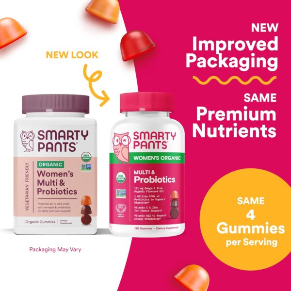 SmartyPants Organic Women's Multivitamin Gummies: Biotin, Probiotics, Methylfolate, Omega 3 (ALA), Vitamin D3, C, Vitamin B12, B6, A, K & Zinc, Inositol, Gluten Free, 120 Count (30 Day Supply)