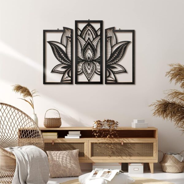 3 Pieces Lotus Flower Wall Art Mandala Carved Wooden Wall Hanging Home Decoration, Wood Art, Meditation/ Spiritual Decor (Black)