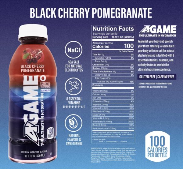 A-GAME Sports Drink, Black Cherry Pomegranate, The Ultimate Hydration Sports Beverage for Athletes, 8 Essential Vitamins including B, C, & E plus Natural Sea Salt Electrolytes, All Natural Flavors & Sweeteners, Gluten Free, 16.9 Fl Oz (Pack of 12)
