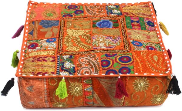 CRAFT KALA Indian Square Patchwork Traditional Pouf Cover Indian Living Room Poufs Decorative Embroidered Designer Ottoman Home Living Footstool Chair Cover Decor Pillow Cover 22x22x5 inches, Orange
