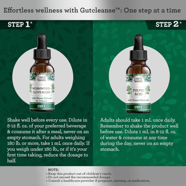 GuruNanda Gutcleanse 2-Step Kit - Dietary Supplement to Help with Digestion - Blend of Fulvic Acid, Wormwood, Clove & Neem Extract, 2x1 FlOz