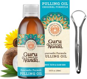 GuruNanda Original Oil Pulling with Tongue Scraper, Alcohol & Fluoride Free Mouthwash for Teeth & Gum Health & Fresh Breath (Unflavoured), 8.45 Fl Oz