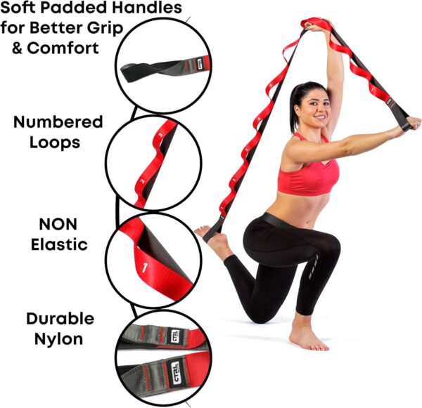 Stretching Strap with Loops - Non Elastic Stretch Band for Physical Therapy, Yoga Strap for Stretching Equipment, Stretch Bands for Exercise and Flexibility - Fascia, Hamstring & Leg Stretcher Belt