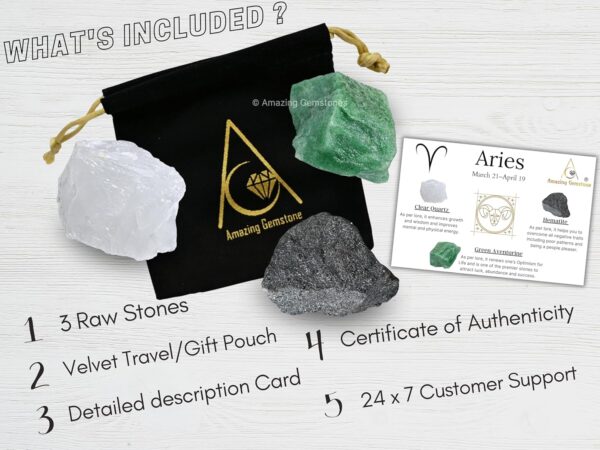 Aries Zodiac Healing Crystal Set, Pack of 3 Crystals Raw Stones Astrology Gifts for Women Birthday Anniversary Gifts Mother Father Gifts (Information Card Included)