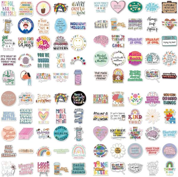 100Pcs Mental Health Stickers Mental Health Matters Awareness Vinyl Laptops Decals Kids Teens Adults Gifts Therapist Water Bottles Bumper Helmet Book Decorative Doctor Reward Stickers