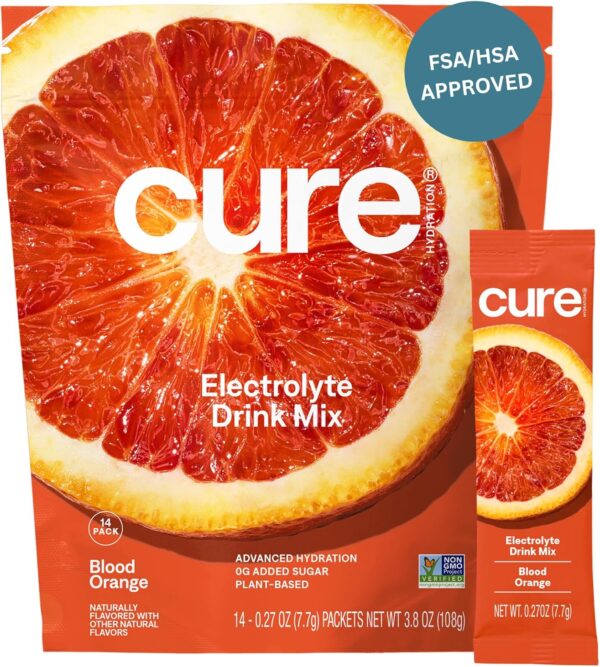 Cure Hydration | Plant-Based Electrolyte Drink Mix | No Added Sugar | FSA & HSA | Dehydration Relief Powder Made with Coconut Water | Non-GMO | Vegan | Pouch of 14 Packets - Blood Orange