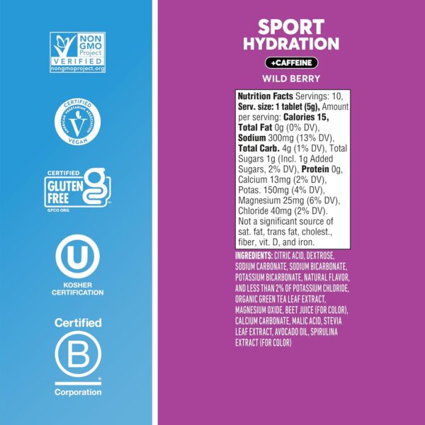 Nuun Sport + Caffeine Electrolyte Tablets - Dissolvable in Water, Wild Berry Flavor, 5 Essential Electrolytes for Hydration, 1g Sugar Drink Mix, Vegan, Non-GMO, 8 Pack (80 Total Servings)