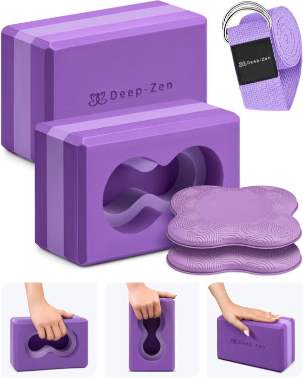Deep-Zen® Yoga Blocks Wrist Support; Yoga Blocks 2 Pack w/Knee Pads; Yoga Blocks 2 Pack with Strap to Put Less Weight on Wrists; Durable, Versatile Yoga Brick Exercise Block Set, Blocks Yoga