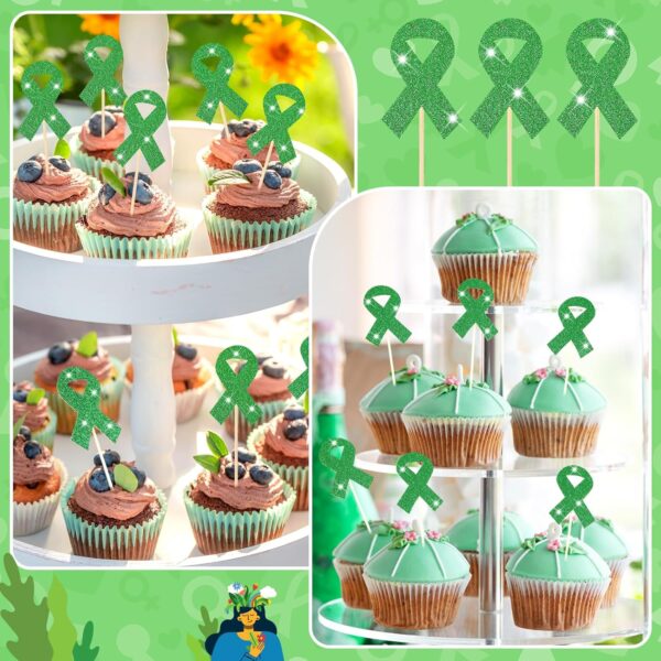 Yeaqee 48 Pcs Green Mental Health Awareness Cupcake Toppers Green Glitter Ribbon Cupcake Picks Mental Health Awareness Items for Society Events Mental Health Party Supplies
