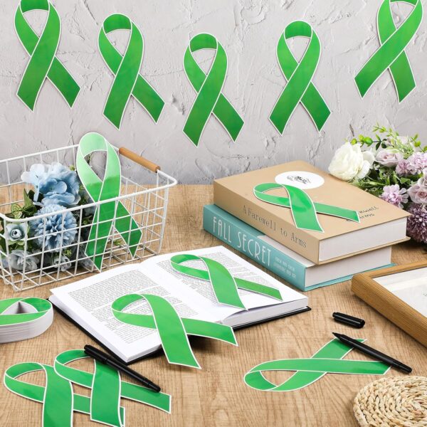 Qilery 100 Pcs Large Green Ribbon Cutouts with 2 Pcs Marker Pens Paper Mental Health Awareness Cutouts Mental Health Month Items for Charity Fundraiser Support Supplies